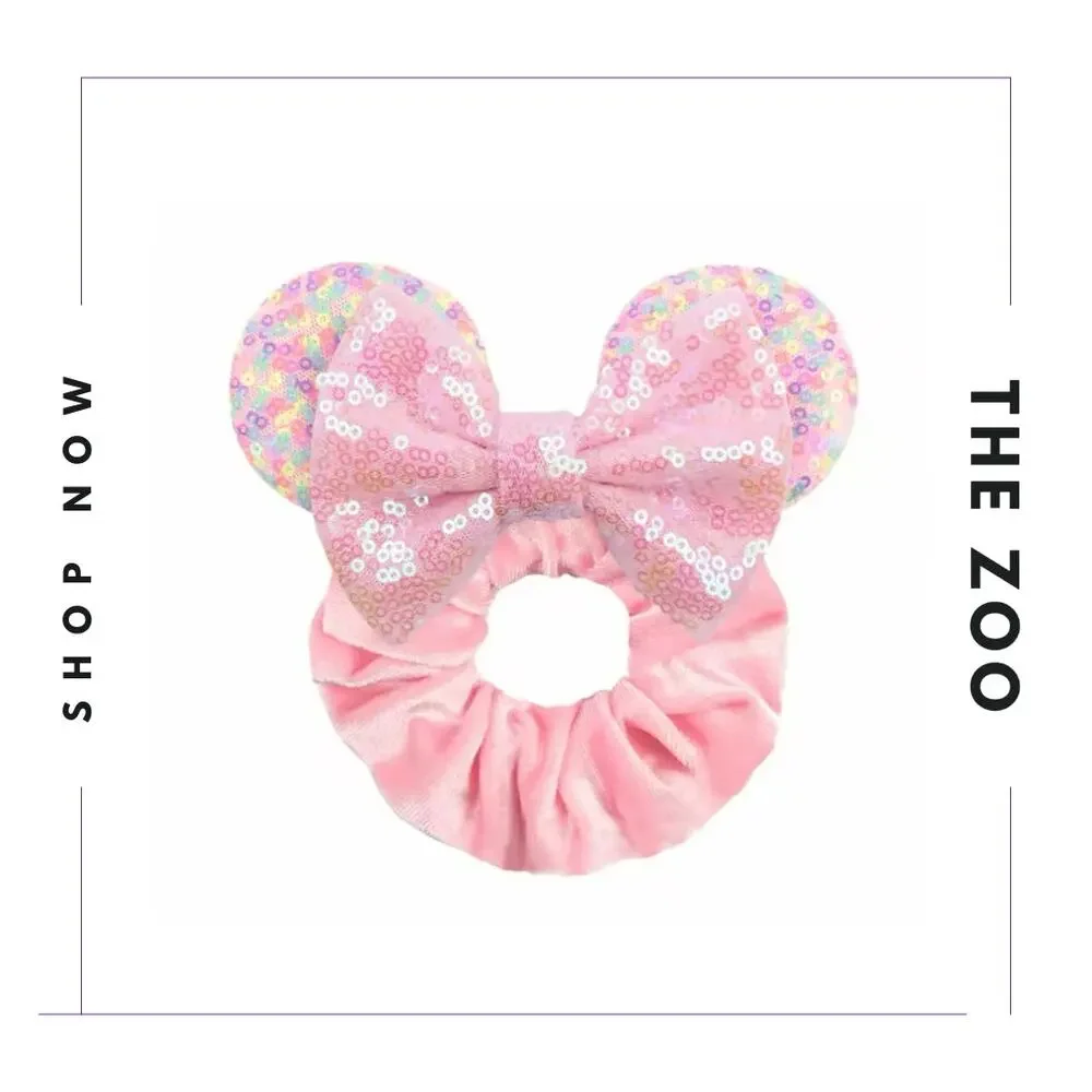 Sparkle Pink Mouse Ear‎ Scrunchie and Hair Clips
